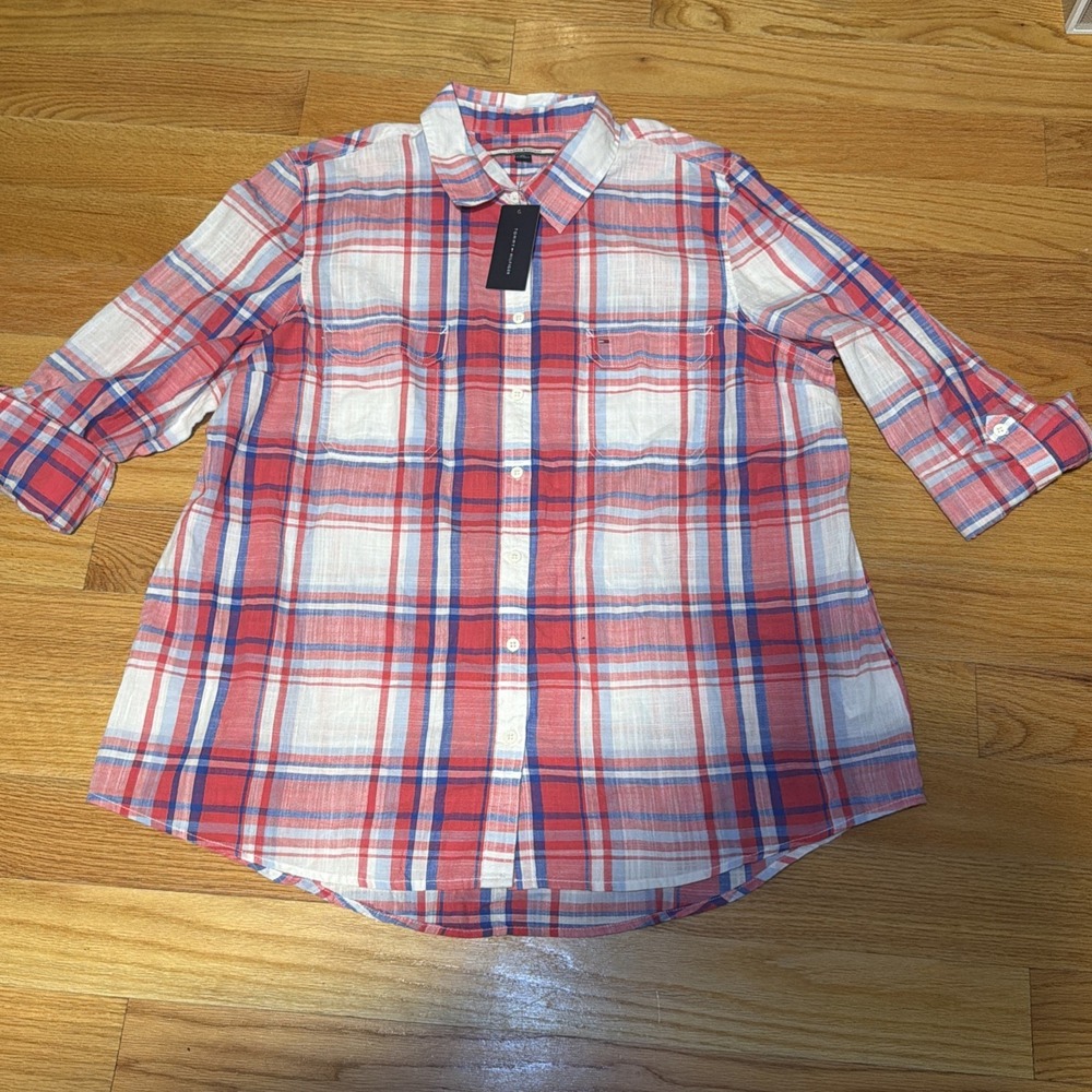 Tommy Hilfiger Womens Heritage Roll-Tab Blue Red White Plaid Shirt Size XXL NWT